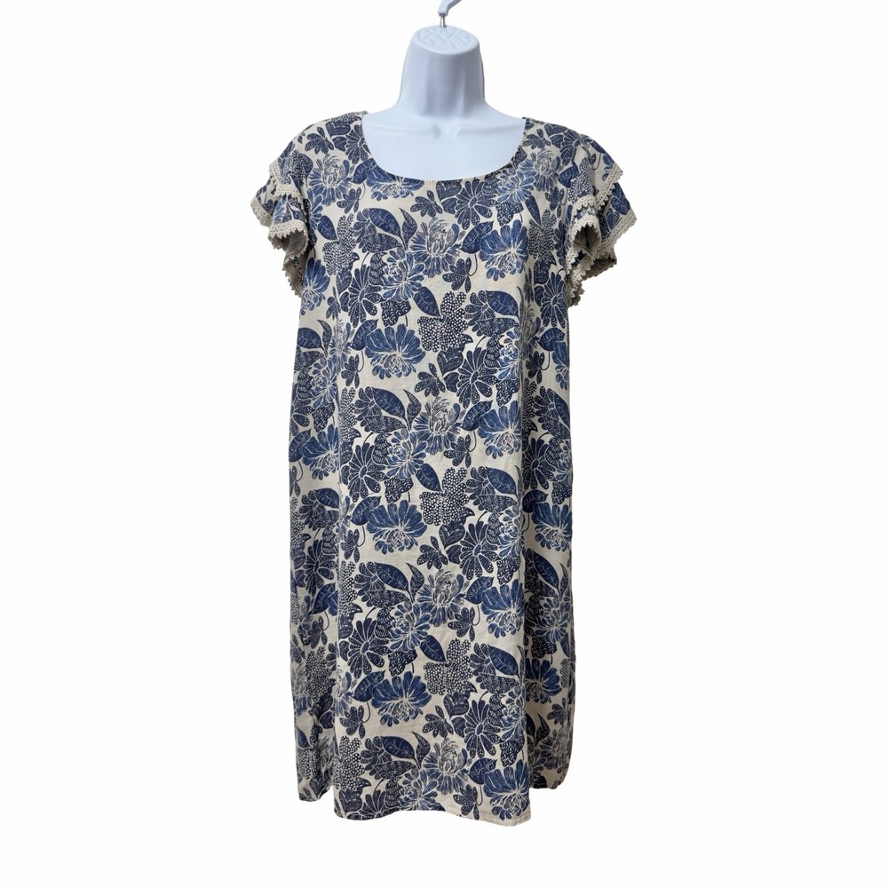 Made In Italy 100% Linen Ruffle Floral Mini Shift Dress Size M Blue Coastal